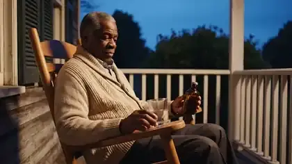 A man on a covered porch at dusk shaking a small amber bottle once and setting it down beside a glass of water