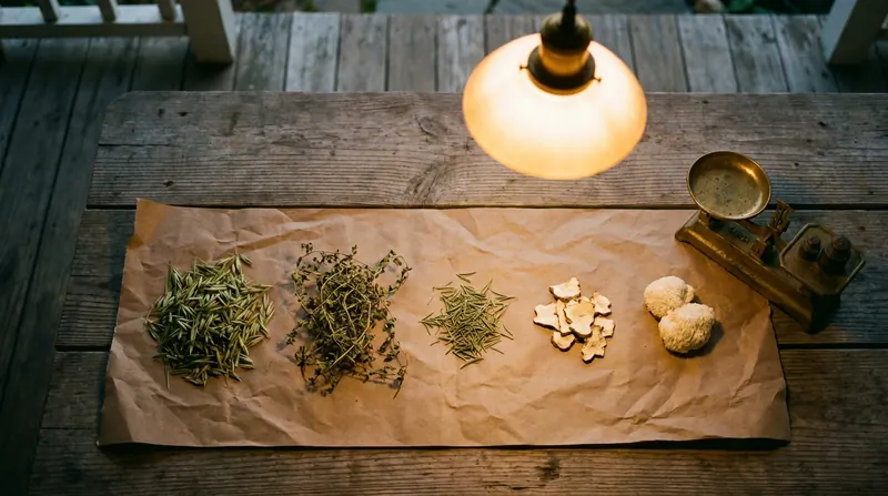 Five small piles of dried herbs in a row on brown paper beside a small brass kitchen scale