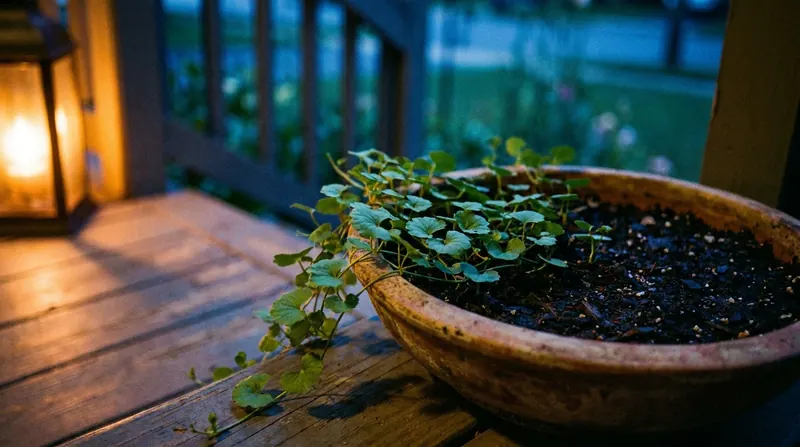 A low creeping plant with round fan-shaped leaves in a terracotta pot on a porch step at dusk