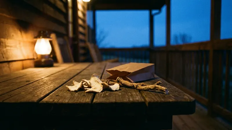Pale dried root chips and one whole dried root stick beside a small folded paper bag on a porch table