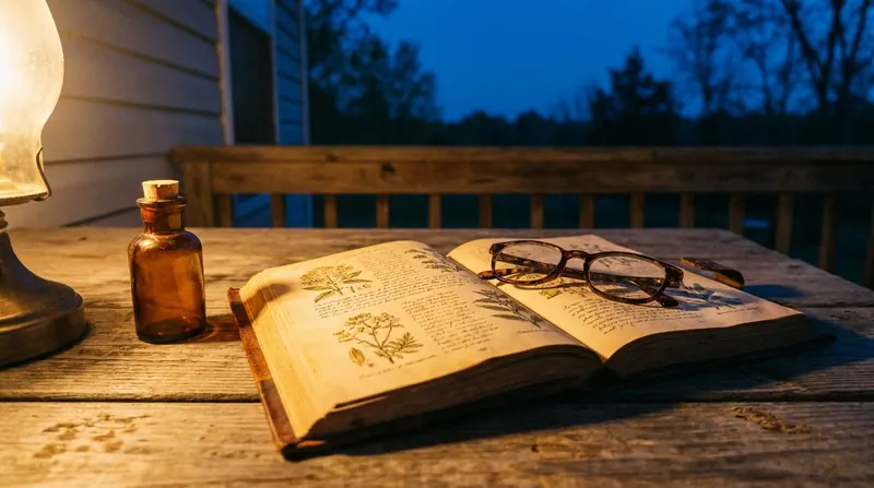 An open reference book with reading glasses resting on it beside a small amber bottle on a porch table