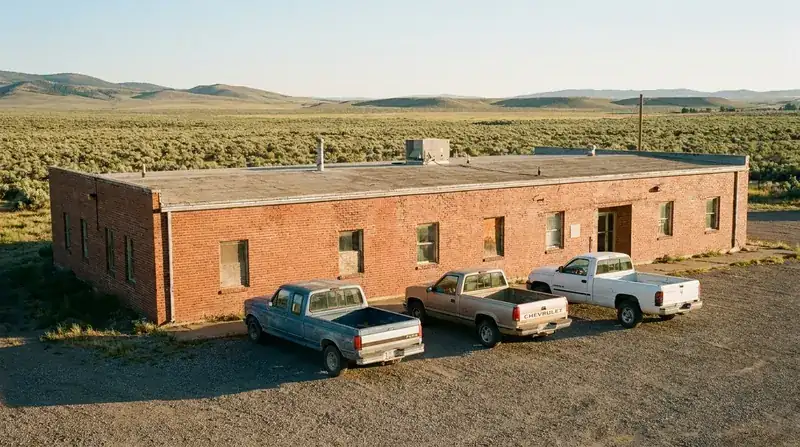 A low brick building on the edge of a small western town with sagebrush plain and low hills behind it
