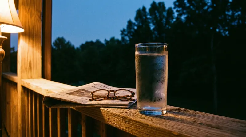 A tall glass of water on a wooden porch rail at dusk beside a folded newspaper and reading glasses
